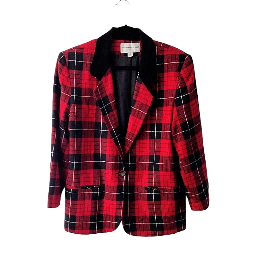 Vintage Fundamental Things Red Plaid Velvet collar Blazer Sz 14